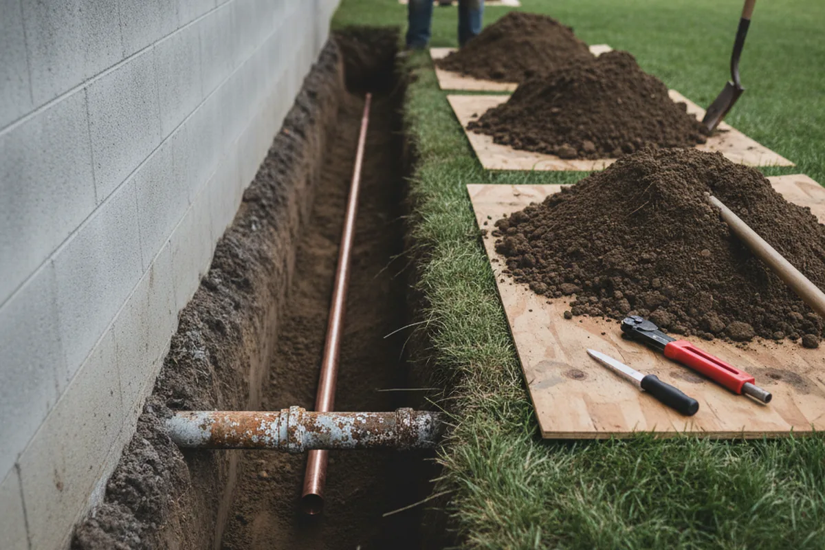Excavated water line trench during Water Heater Repair in Louisa